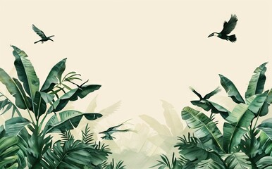 Tropical jungle wallpaper bird, Tropical leaves, tropical flowers wallpaper for digital printing. Exotic jungle wallpaper. AI generated illustration