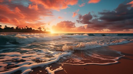 Obraz premium Sunset Over Ocean with Waves Crashing on the Beach Under a Vibrant Sky