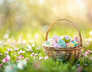 A basket full of Easter eggs is sitting in a field of flowers