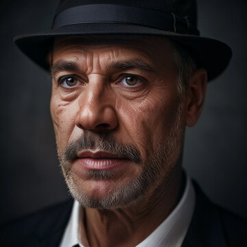 A close-up portrait of a man in his fifties wearing a fedora