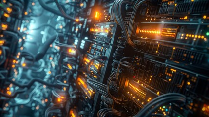 A backdrop of a server room with network cables and lights, network, dynamic and dramatic compositions