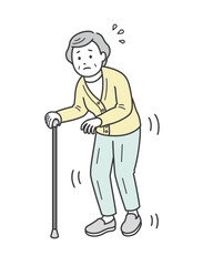 手足の震えがある高齢女性が杖をついて恐る恐る歩くイラスト
