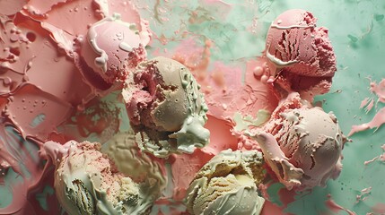 Obraz premium A nostalgic advertisement for Gelato Delight featuring distressed textures and eroded surfaces. The ad includes founders' profiles and key moments in dynamic layouts with pastel pink and green hues,