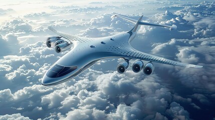 Naklejka premium Airplane flying above the clouds. Futuristic Airplane Gracefully Glides Above the Clouds, Embracing Sustainable Air Travel's Golden Age