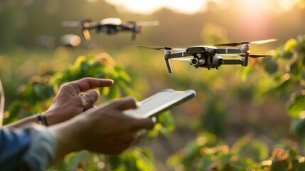 A farmer using a smart agriculture app to schedule and coordinate the deployment of multiple pest control drones across their farmland.