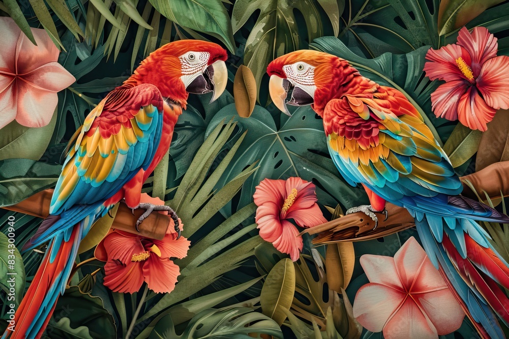 Wall mural Tropical forest , birds and flowers , wallpaper , mural wall. AI generated illustration - Wall murals