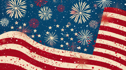 A patriotic American flag with fireworks and stars