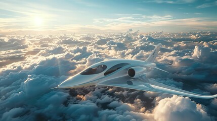 Airplane flying above the clouds. Futuristic Airplane Gracefully Glides Above the Clouds, Embracing Sustainable Air Travel's Golden Age