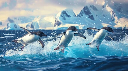 Naklejka premium Adelie penguins leaping and moving through the ocean