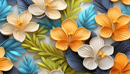 Obraz premium Seamless pattern with tropical beautiful flowers and leaves exotic background.