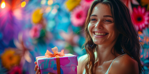 A cheerful woman receiving a gift wrapped in bright paper.