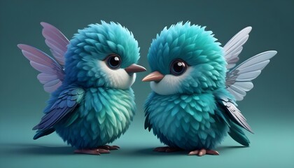 Obraz premium Cute 3D fluffy bubble baby hummingbird character, in pearly deep blue-green iridescent shining colour hues, adorable, childlike, cartoonish, smooth fluffy plushy texture, happy, hyperrealistic, high-r