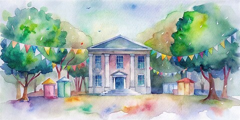 Watercolor painting of an HBCU library filled with celebratory decorations and student belongings , HBCU, students, library, celebration, decor, bookshelves, academic, college, university