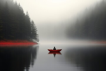 Ethereal Voyage Red Canoe in Misty Wilderness Waters