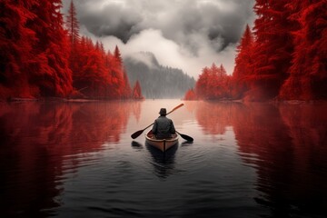 Crimson Wilderness Paddling Through Misty Waters and Red Forest Trees.