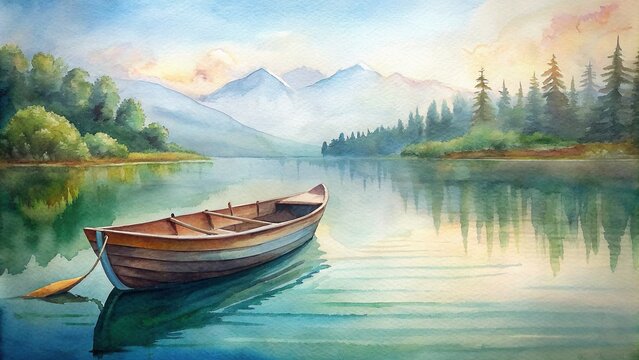 Wooden rowing boat floating on a calm lake in summer watercolor , rowboat, wooden, calm, lake, summer, watercolor, peaceful, serene, tranquil, reflection, nature, outdoors, recreation