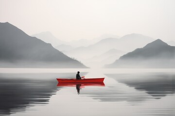 Cloud-Kissed Wilderness Red Canoe in Ethereal Forest Waters