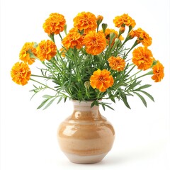 A bouquet of bright orange marigolds in a brown vase, isolated on white background.