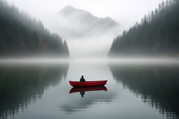 Lonely Explorer Red Canoe Amidst Foggy Forest and Cloudy Mountains