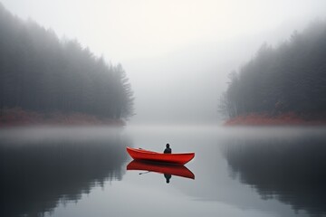 Misty Solitude Red Canoe in Still Waters of an Enchanted Lake