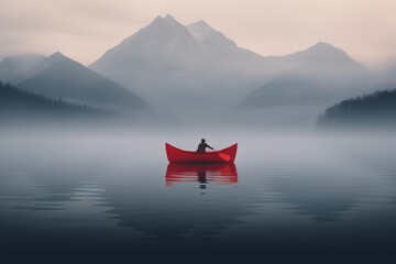 Mystic Waters Red Canoe in the Heart of Foggy Wilderness