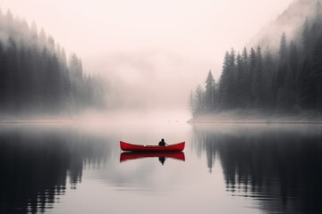  Red Canoe Reverie Navigating Misty Waters and Ethereal Landscapes