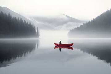 Wilderness Dreamscape Canoe Journey Through Fog and Forest