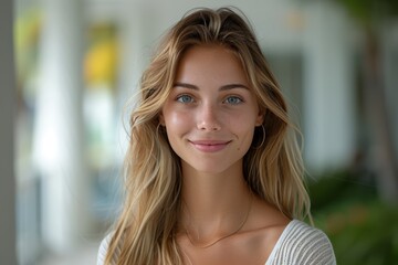 Obraz premium A young woman with long blonde hair and a serene smile, standing in a relaxed, sunlit environment with blurred greenery and modern background
