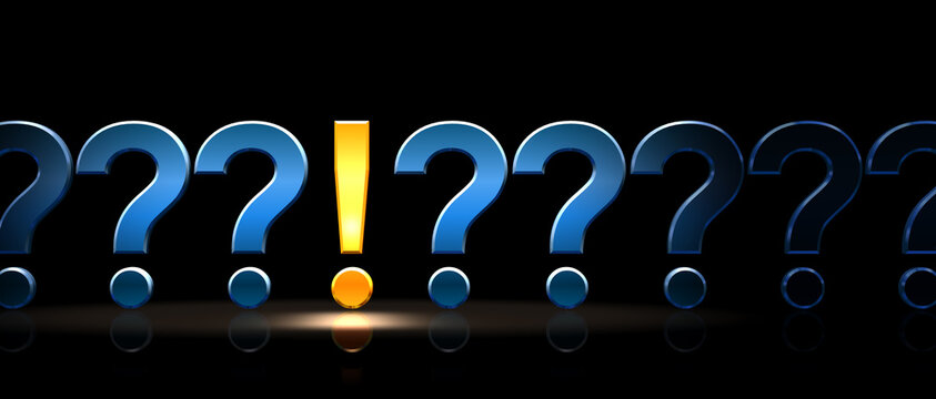 クエスチョンマークとエクスクラメーションマーク、疑問からのひらめき、閃きのイメージ