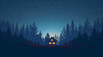 Starry night sky, forest with tall trees, silhouette of a small house in the distance, glowing windows, 