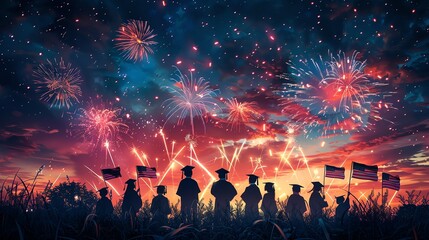 Fototapeta premium students in graduation attire, celebrating on Labor Day, fireworks in the sky, American flags, evening scene, Generated with AI