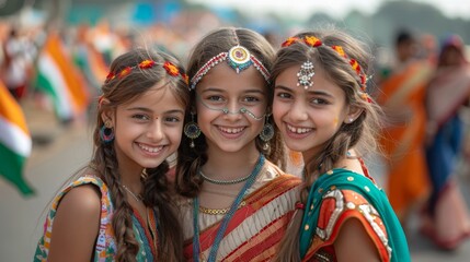 Three Indian girls in traditional Indian clothes on Independence Day or the Republic of India