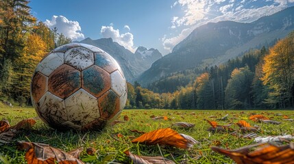 A scenic view of a soccer ball on a grassy field surrounded by autumn leaves with a picturesque backdrop of mountains under a bright blue sky