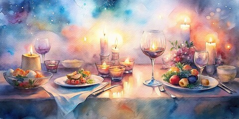 Elegant and romantic restaurant table setting with wine glasses and appetizers, soft lighting, and wedding dinner menu watercolor , romantic, elegant, fine dining, select, restaurant - Powered by Adobe