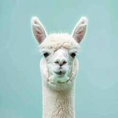 Obraz premium Majestic Alpaca Portrait in Front of a Soft Light Blue Background, Animal Photography for Nature and Beauty Enthusiasts