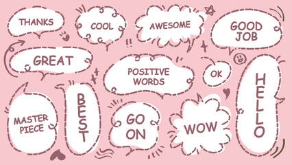 Comic style cute quote speech bubble with positive words. Set of hand drawn memo frame vector. Cartoon doodle crayon drawing cloud, box, message. Flat vector. Best, Awesome, WOW, Master, Piece, Go