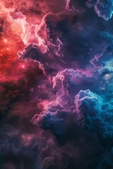 Obraz premium This image depicts a vibrant, ethereal nebula with swirling clouds of deep pink, red, and blue hues, illuminated by scattered stars, creating a sense of cosmic grandeur and mystery.