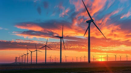A serene scene of a wind farm at sunset, the turbines standing tall against the vibrant sky, capturing the elegance and potential of wind power as a sustainable energy source.