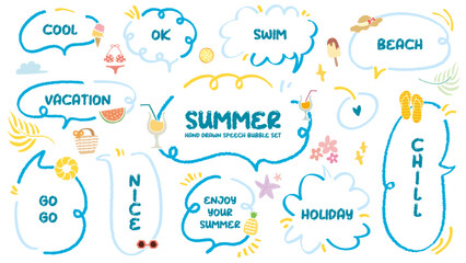 Obraz premium Set of summer theme speech bubble. Cute hand drawn memo sticker with crayon draw. Vector of doodle cartoon style empty blank for text. Chat balloon cloud. Beach Juice Sea, Swim, Sun, Ice cream element