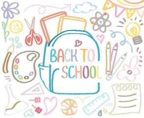 Back to school doodle, colorful hand drawn with crayon. BTS welcome school begin semester background pattern Vector illustration. Out-line draw with book bag. Ruler, Pencil, Science, Art, Scissors
