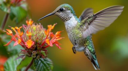 Fototapeta premium Beautiful close-up capture of a vibrant hummingbird in mid-flight, hovering near bright orange flowers with a richly colored background, showcasing nature's splendor