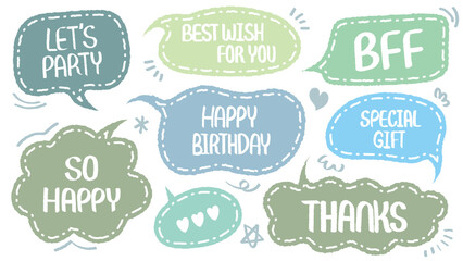 Set of hand drawn style birthday cute memo sticker. Variety abstract shapes of blue speech bubble. Quote color frames blank with crayon draw. Chat box balloon cloud. Party, Happy, Gift, Wish, BFF