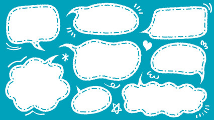 Obraz premium Set of hand drawn style cute memo sticker. Variety abstract shapes of blue speech bubble. quote color frames blank with crayon draw. Chat box balloon cloud. Label tag collection vector for text