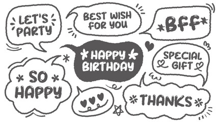 Set of hand drawn style birthday cute memo sticker. Variety abstract shapes of blue speech bubble. Quote gray scale frames blank with crayon draw. Chat box balloon cloud. Party, Happy, Gift, Wish, BFF