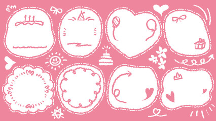 Set of hand drawn speech bubble with Girl Happy Birthday inscription. Cute memo party sticker. Draw with crayon quote frame. Comic doodle style birthday label. Romantic blank for text. Balloon, Cake