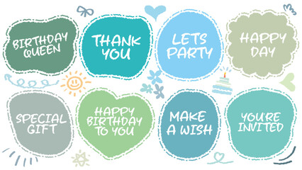 Set of hand drawn speech bubble with Girl Happy Birthday inscription. Cute memo party sticker. Draw with crayon quote frame. Comic doodle style birthday label. Romantic blank for text. Balloon, Cake