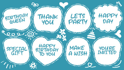 Set of hand drawn speech bubble with Girl Happy Birthday inscription. Cute memo party sticker. Draw with crayon quote frame. Comic doodle style birthday label. Romantic blank for text. Balloon, Cake