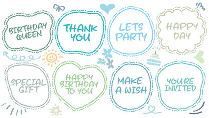 Set of hand drawn speech bubble with Girl Happy Birthday inscription. Cute memo party sticker. Draw with crayon quote frame. Comic doodle style birthday label. Romantic blank for text. Balloon, Cake