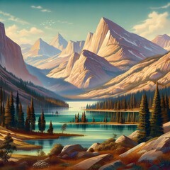 Snow-capped mountains, trees, and a lake make up this scenic mountain landscape.
