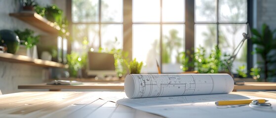 A blank mockup of a construction blueprint lies on an architect's desk, awaiting the design expertise of a professional builder.